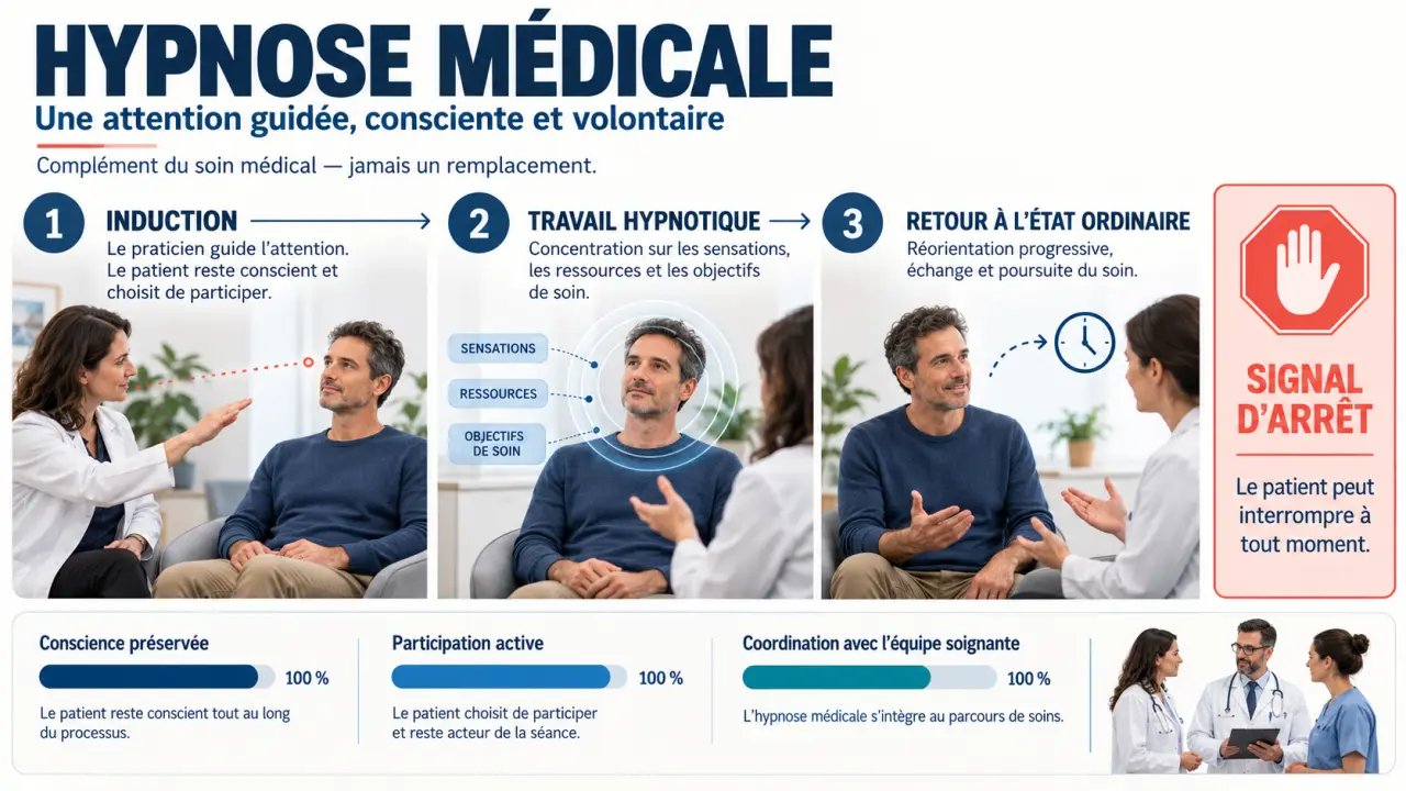 Schéma des trois phases d’une séance d’hypnose médecine avec le rôle actif du patient