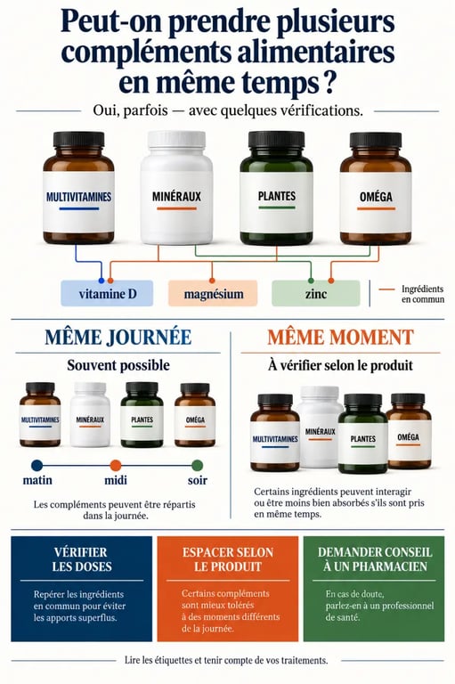 Infographie peut-on prendre plusieurs compléments alimentaires en même temps : doublons, doses et espacement