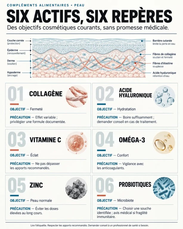 Infographie sur le complément alimentaire peau : actifs, objectifs et précautions