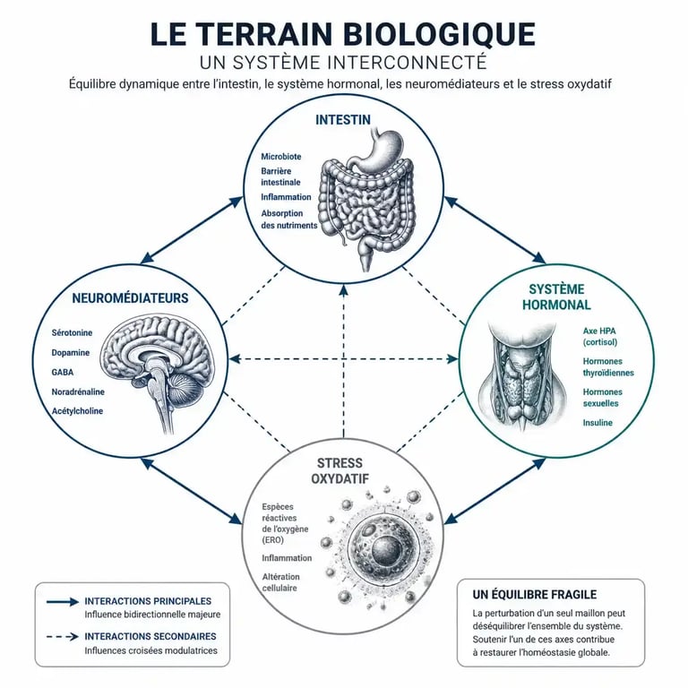 Schéma du terrain biologique et des interactions cellulaires suivies par un médecin micronutritionniste