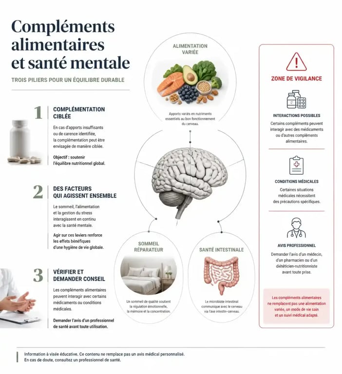 Infographie sur les compléments alimentaires et la santé mentale, les carences, le sommeil et les précautions
