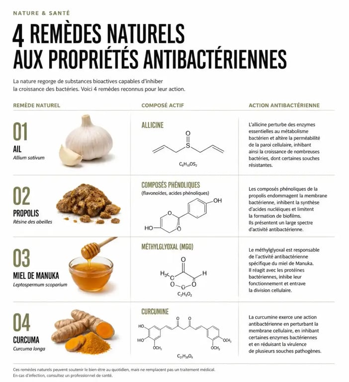 antibiotique naturel : ail, propolis, miel de Manuka et curcuma aux propriétés antibactériennes