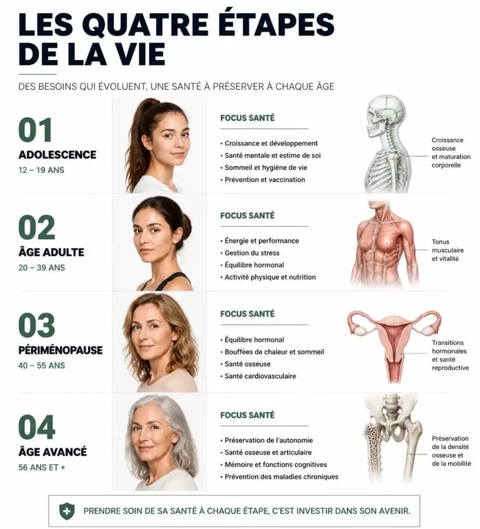 Infographie sur les étapes de la santé des femmes et les besoins de prévention associés