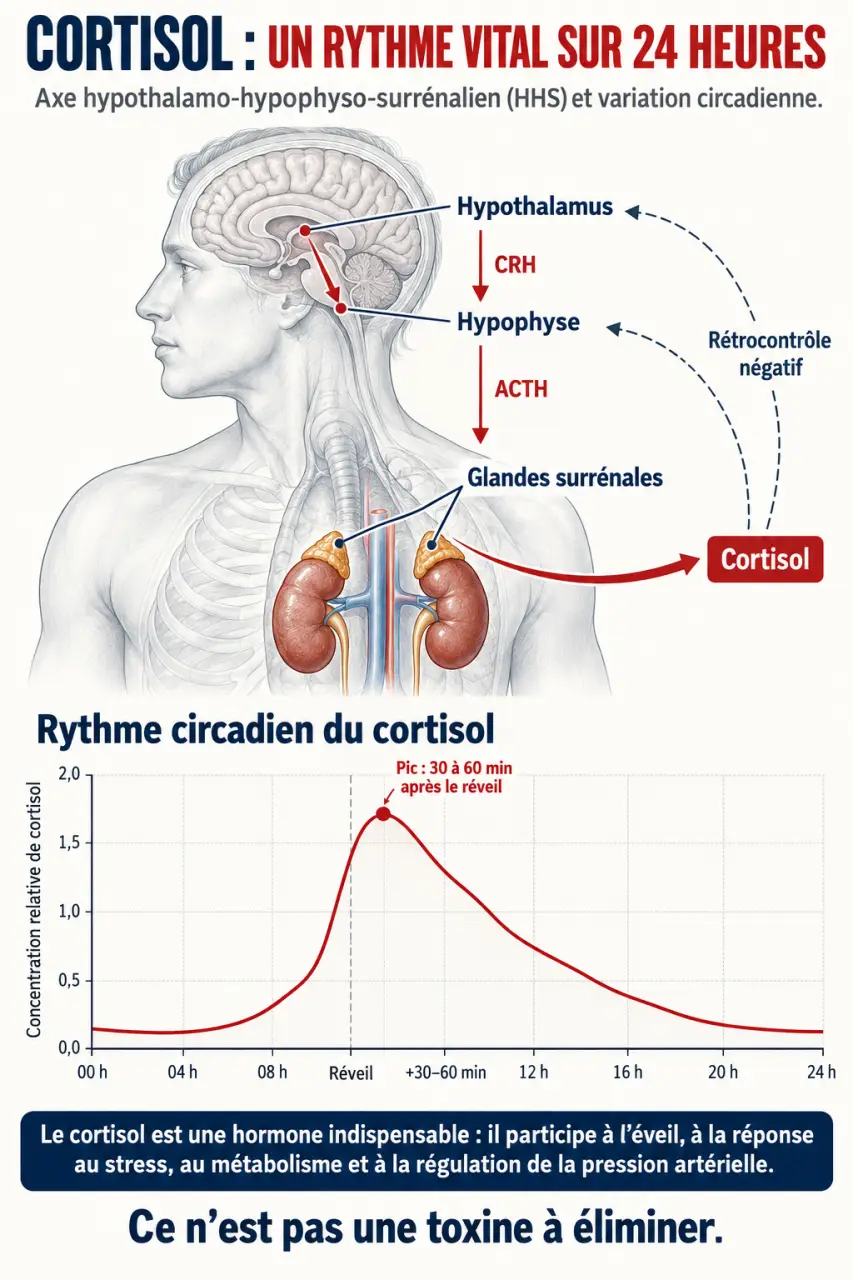 Infographie détox cortisol perte de poids : rôle du cortisol et rythme circadien sur 24 heures