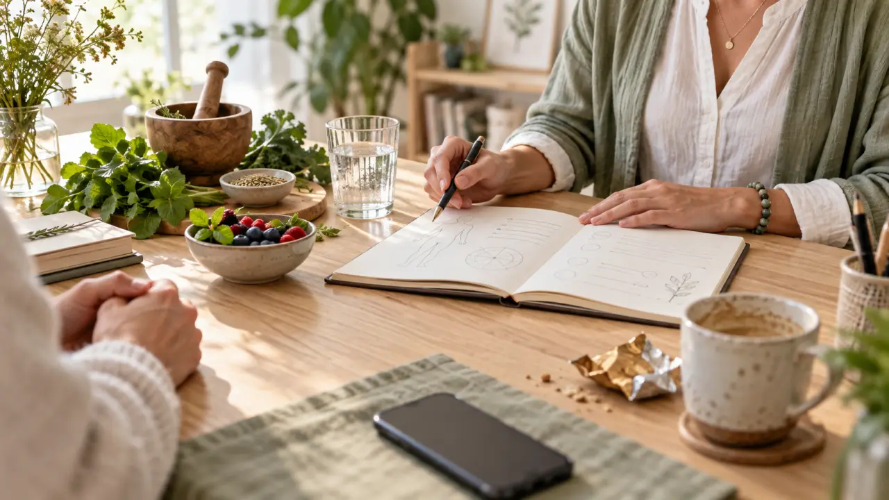 Consultation de naturopathie avec carnet de notes et éléments naturels