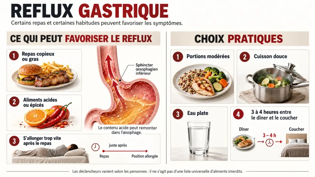 Infographie sur le reflux gastrique et les aliments déclencheurs, avec conseils pour organiser les repas