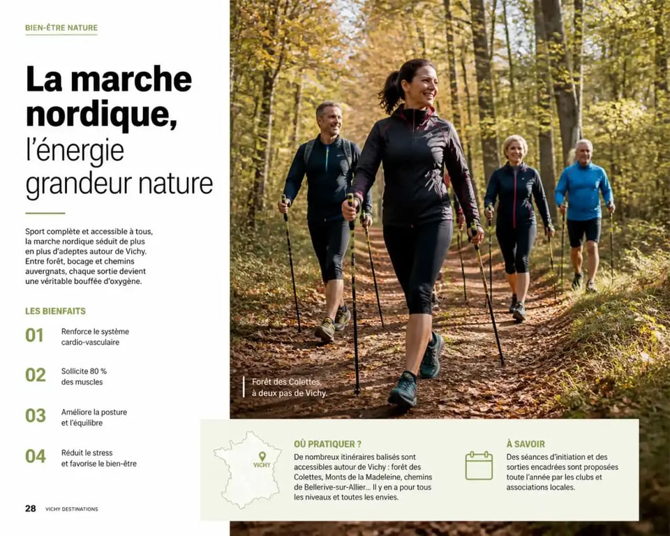 Séance de marche nordique en pleine nature près de Vichy dans le cadre du sport nature santé