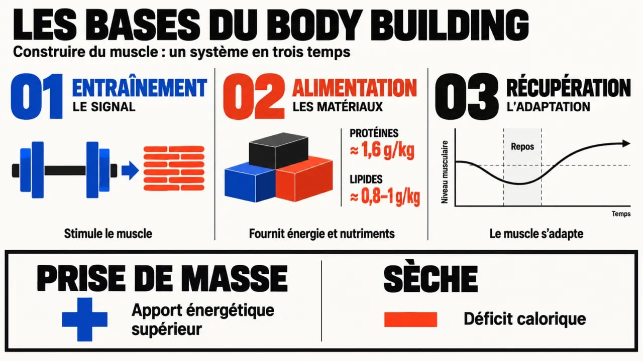 Synthèse visuelle du body building, des macronutriments et des phases de prise de masse et de sèche