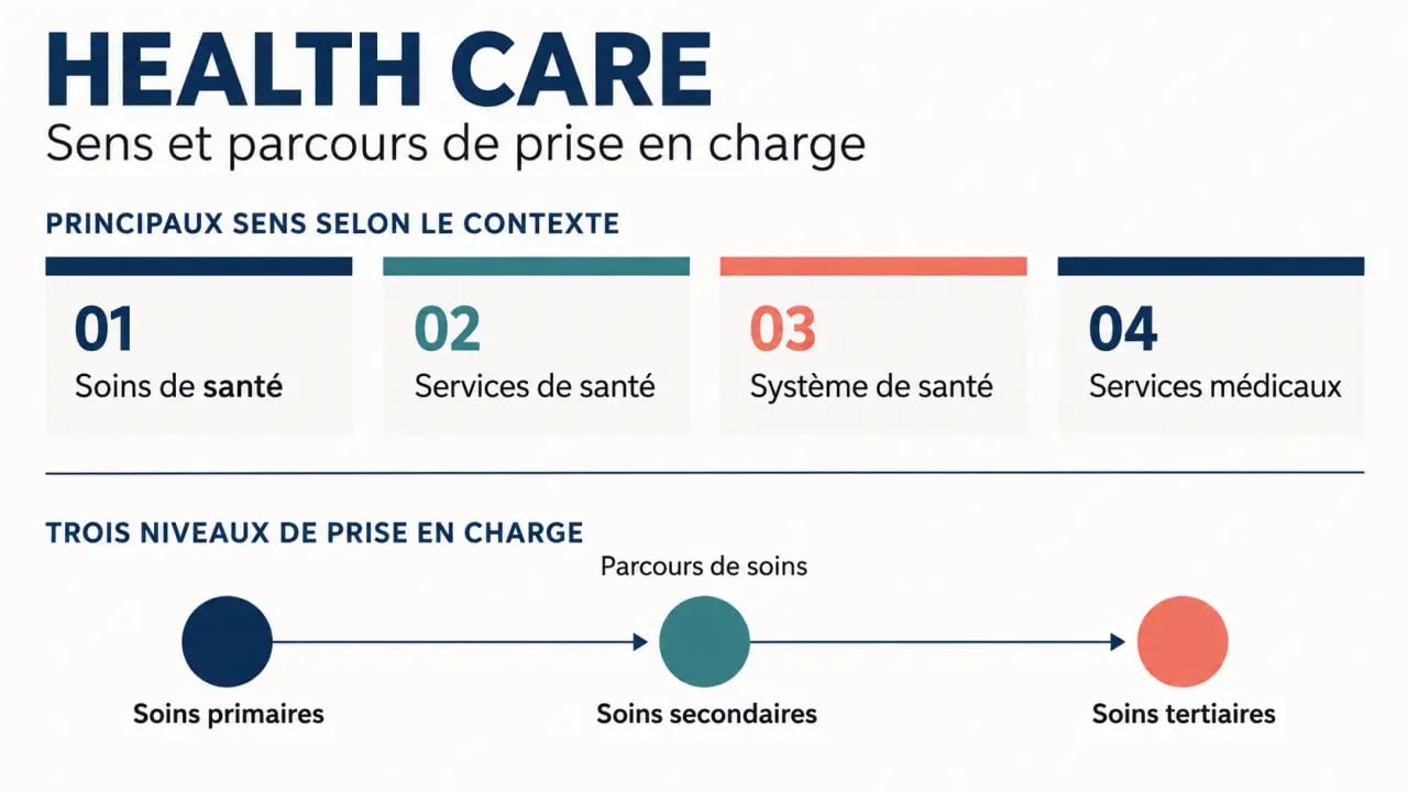 Health care : schéma des traductions françaises et des niveaux de prise en charge