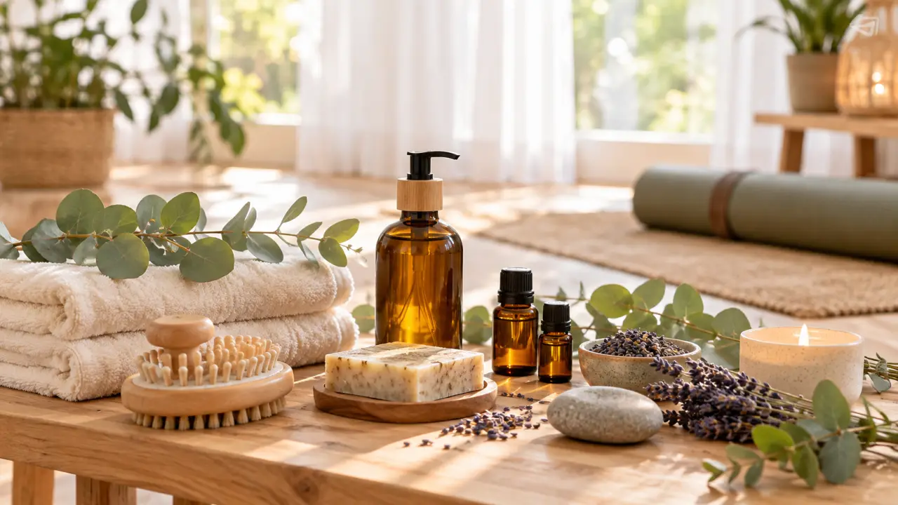 Préparation d'un massage maison relaxant avec une huile végétale et des accessoires naturels