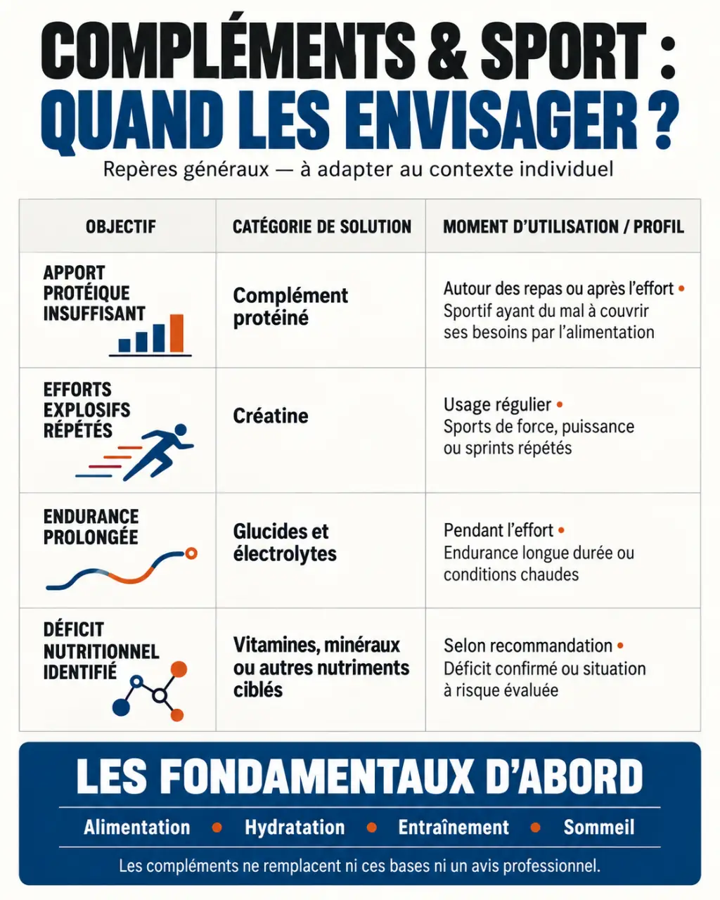 Infographie sur le complément alimentaire pour sportif selon l’objectif : protéines, créatine, endurance et déficit nutritionnel