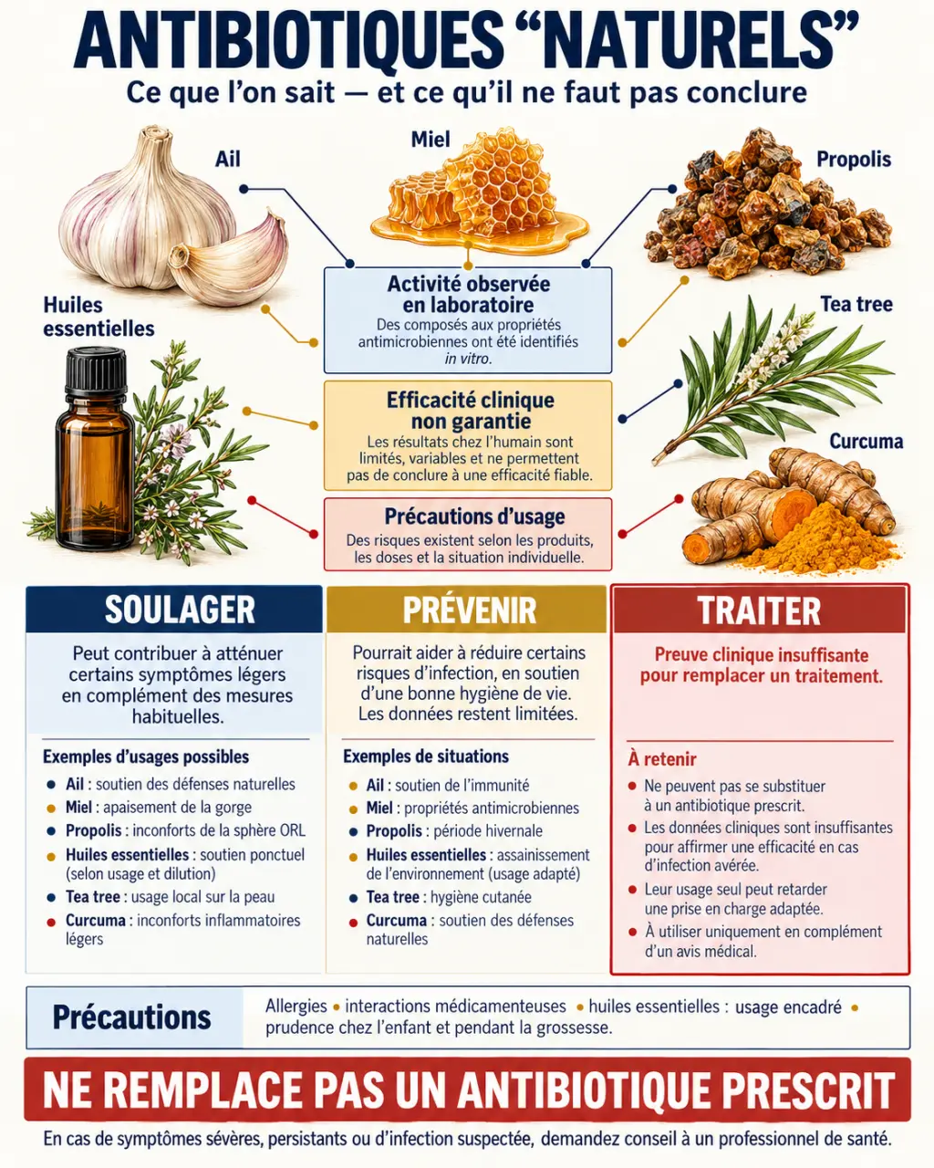 Infographie sur les antibiotiques naturels, leurs usages, limites et précautions