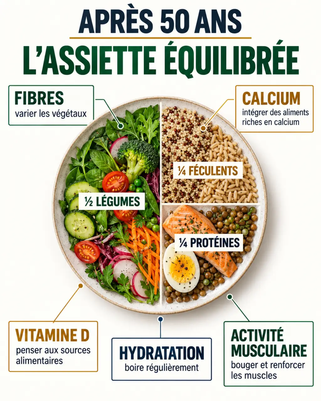 Infographie sur le rééquilibrage alimentaire après 50 ans avec assiette équilibrée, protéines, légumes, féculents, calcium et hydratation