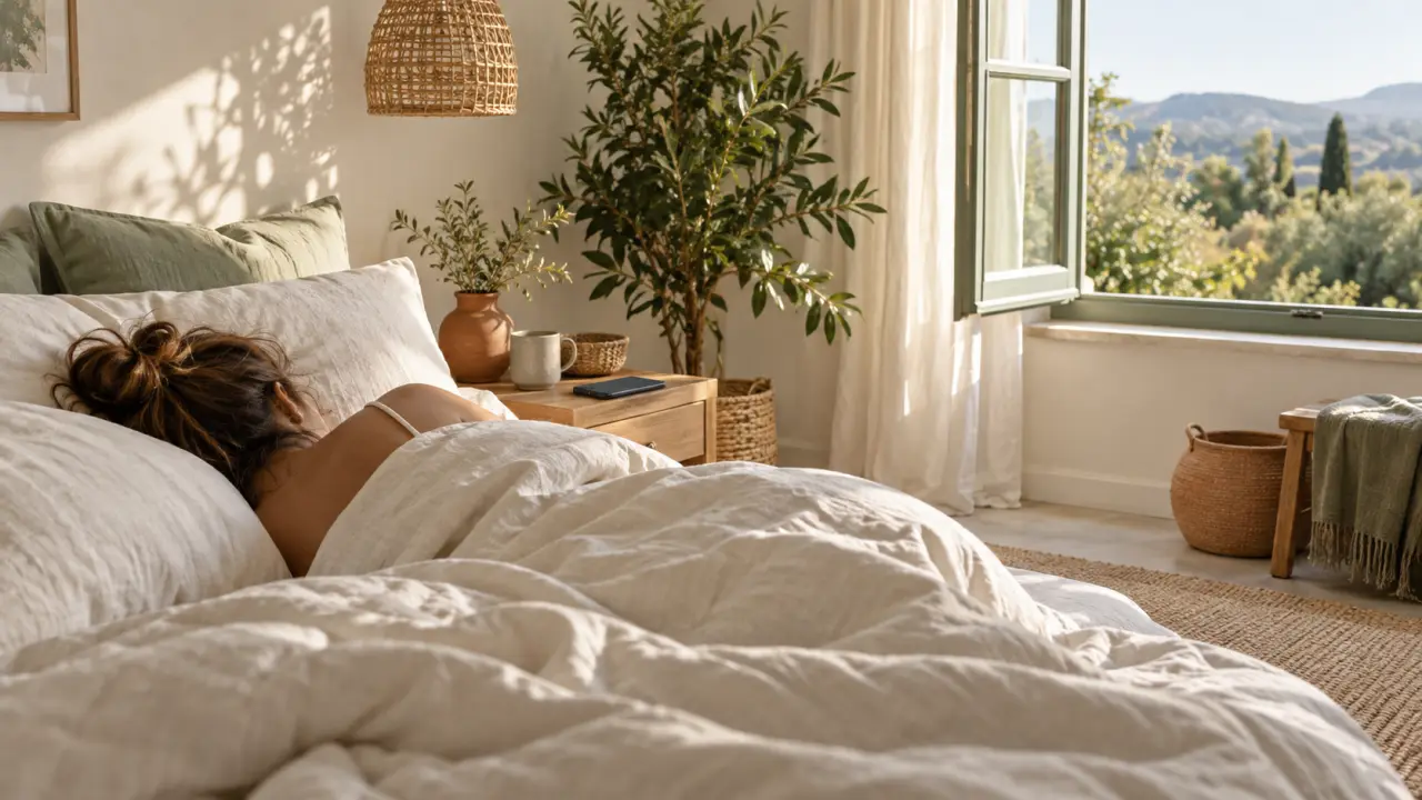 Chambre lumineuse et apaisante préparée pour une nuit sans écran