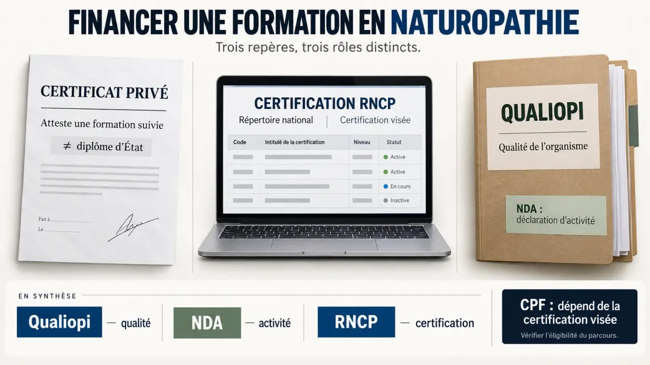 Formation naturopathie CPF : distinguer RNCP, Qualiopi et financement