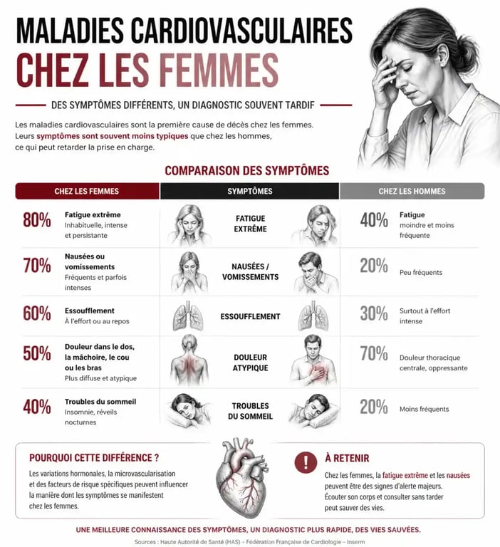 Infographie sur les symptômes spécifiques des maladies cardiovasculaires dans la santé des femmes