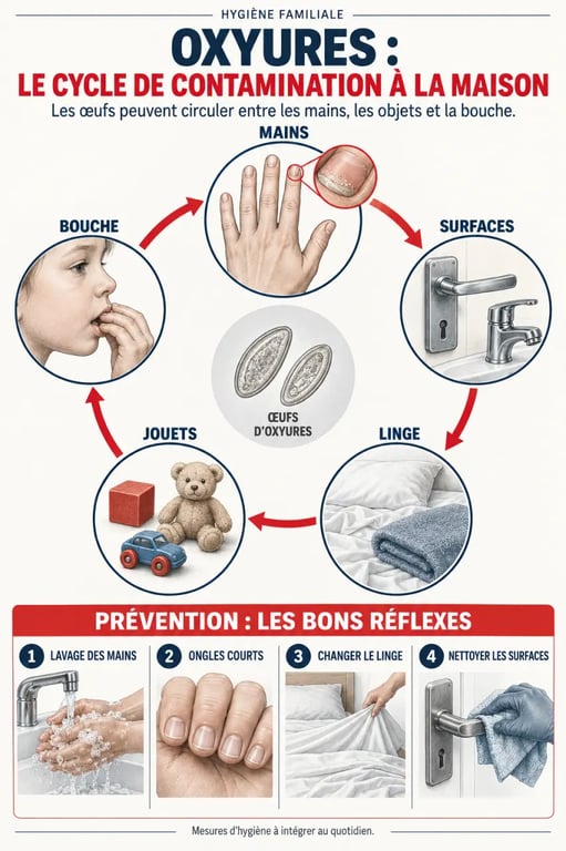 Infographie sur le vermifuge naturel et le cycle de réinfestation des oxyures dans le foyer