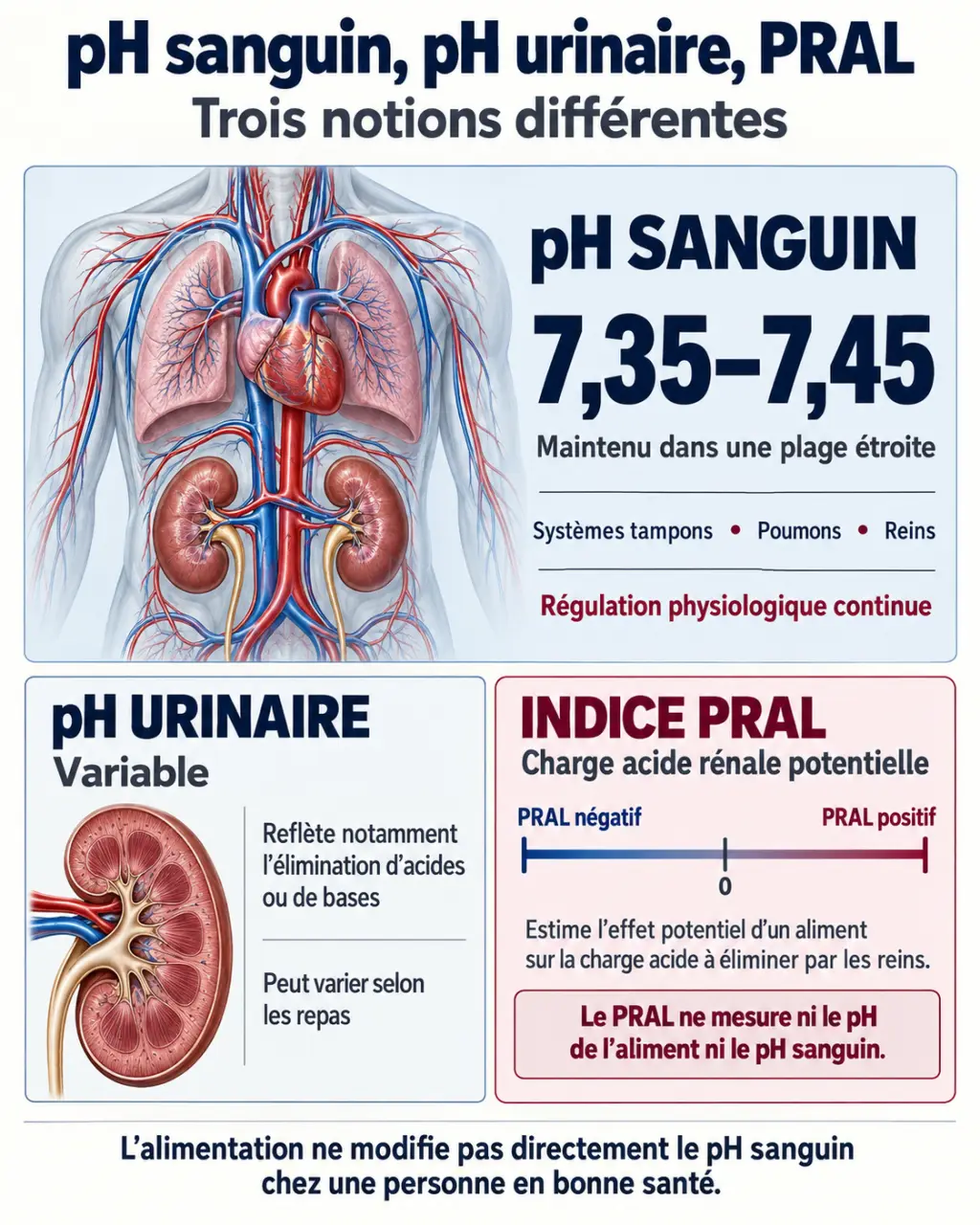 Infographie sur le régime alcalin, le pH sanguin, le pH urinaire et l’indice PRAL