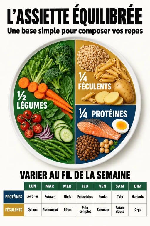 Menu diététique équilibré avec répartition de l’assiette entre légumes, féculents et protéines