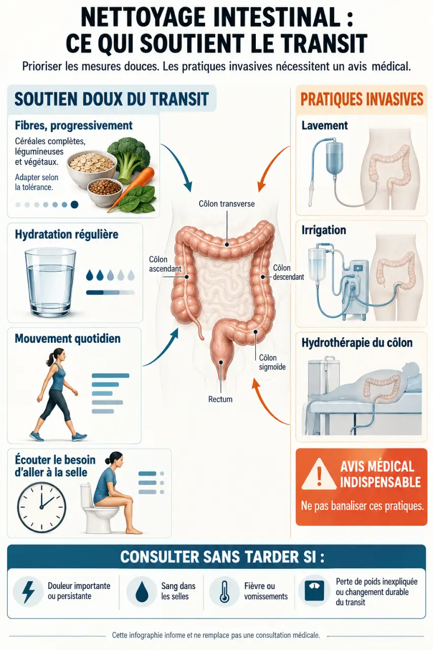 Infographie sur le nettoyage intestinal et la différence entre soutien du transit et pratiques invasives