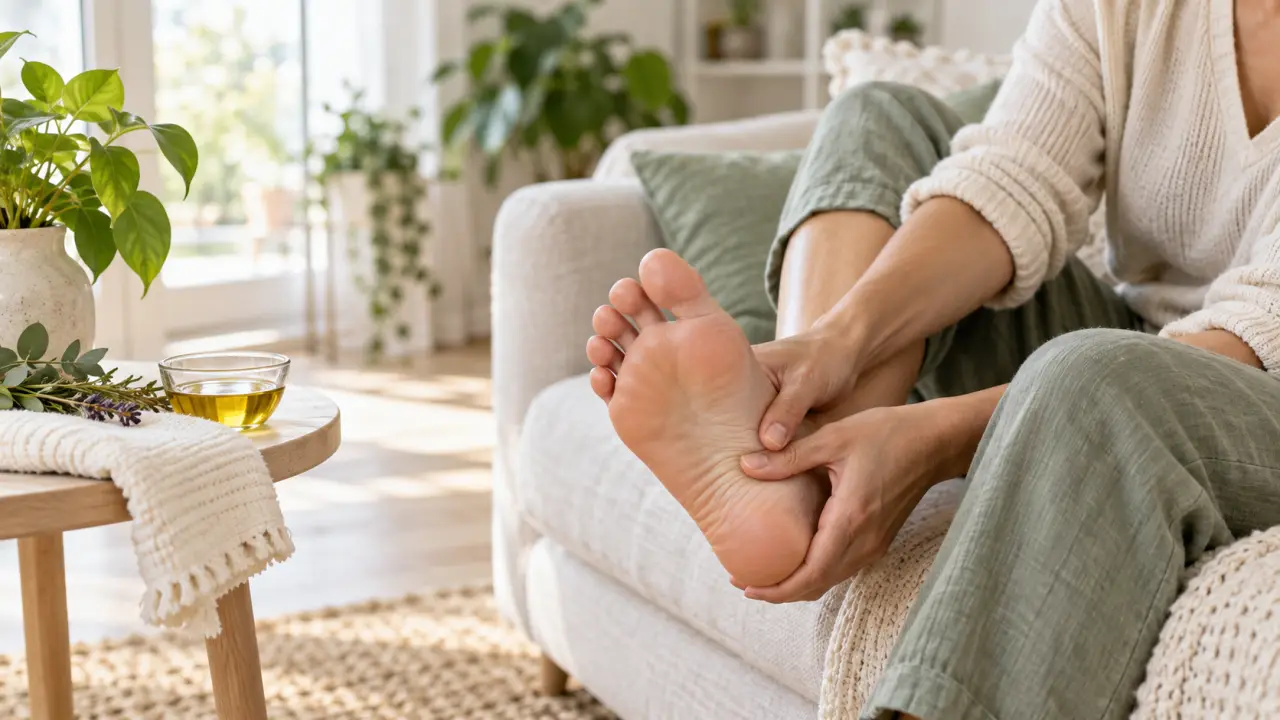 Personne pratiquant une séance douce de réflexologie plantaire à la maison
