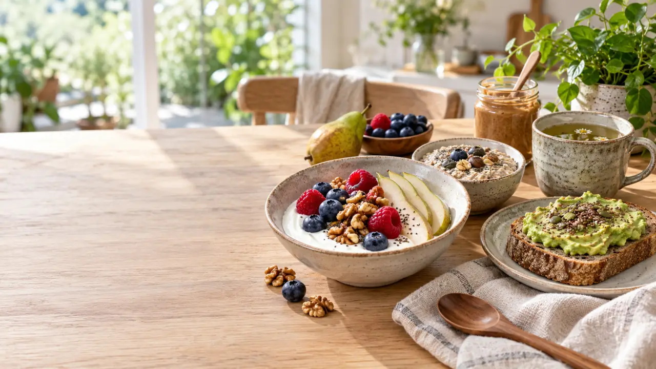 Petit-déjeuner bio équilibré composé de céréales complètes, de fruits et d'oléagineux