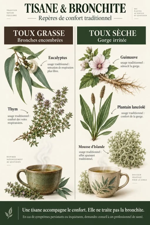 Tisane bronchite : plantes traditionnellement associées à la toux grasse ou à la gorge irritée