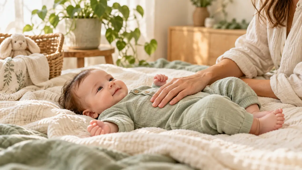 Parent apaisant doucement son bébé dans une ambiance naturelle et sereine