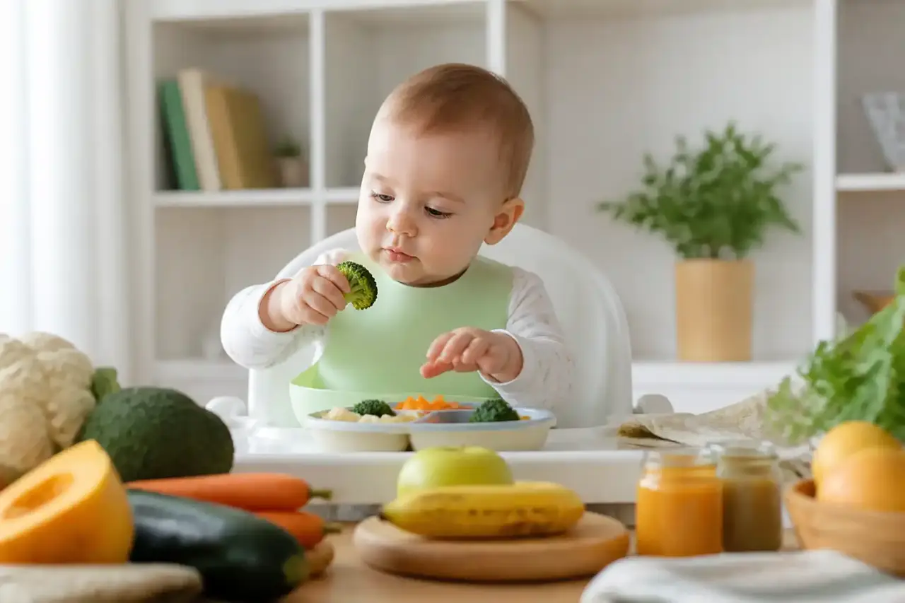 Bol de purée bio pour bébé avec légumes de saison sur une table en bois clair
