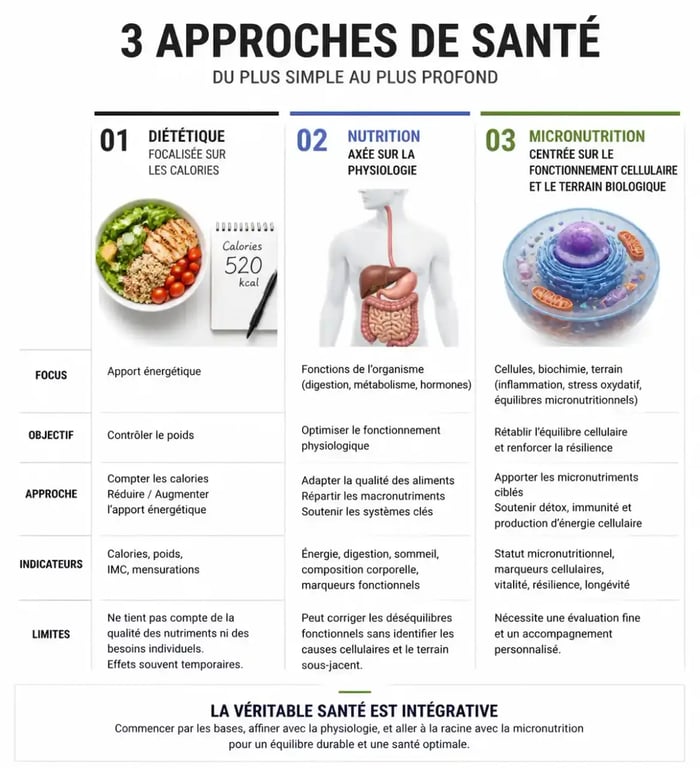 Comparatif entre diététique, nutrition et micronutrition pour comprendre le rôle du médecin micronutritionniste