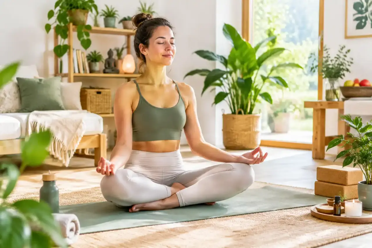 Personne pratiquant un yoga doux dans un intérieur lumineux entouré de plantes