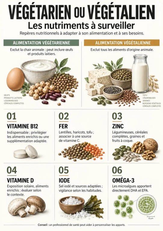 Infographie sur le complément alimentaire végétarien et les nutriments à surveiller